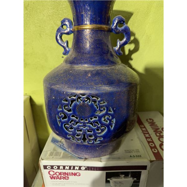 Blue Ceramic Vase with Openwork Medallion and Dragon Handles