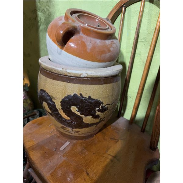 Chinese-Style Ceramic Pot With Dragon Motif and Lidded Brown Stoneware Jug