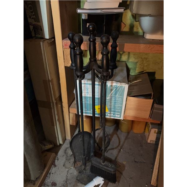 Black Metal Fireplace Tool Set with Stand, Four Pieces