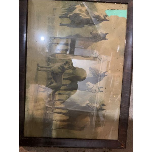 Two Framed Prints: Horses with Dog and Western Cowboy Scene