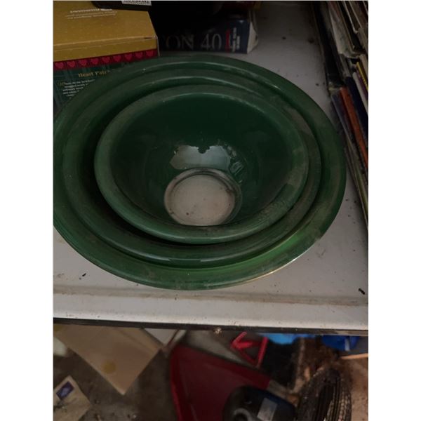 3 Green Glass Mixing Bowls And Large Vintage Vinyl Record Collection