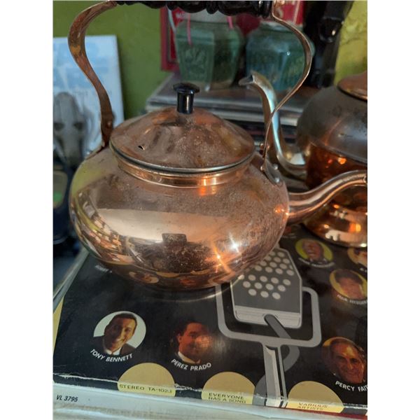 Copper-Plated Teapot, Sugar Bowl, and Metal Tray Set