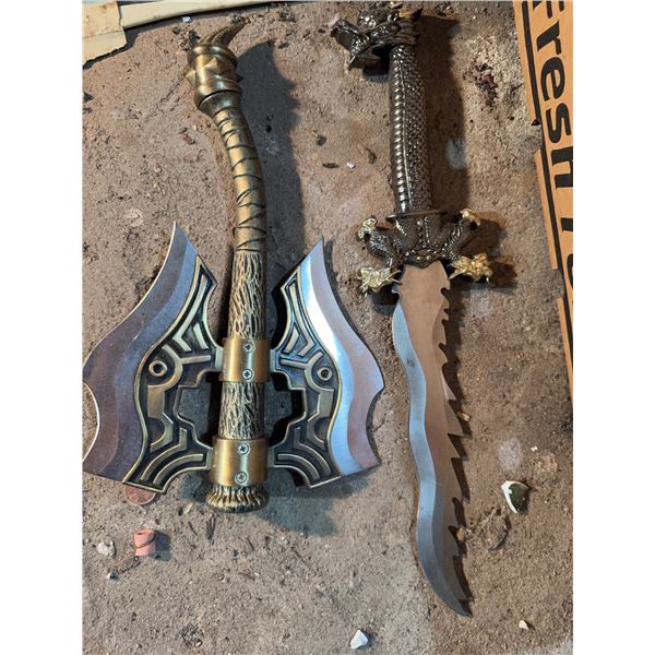 Decorative Fantasy Axe And Sword Set, Metal And Resin