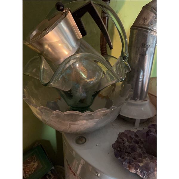 Lot: Glass Bowls, Amethyst Cluster, King Arthur's Wine Jug