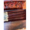 Image 6 : Carved Wood and Faux Ivory Dragon Motif Chopsticks Set with Box