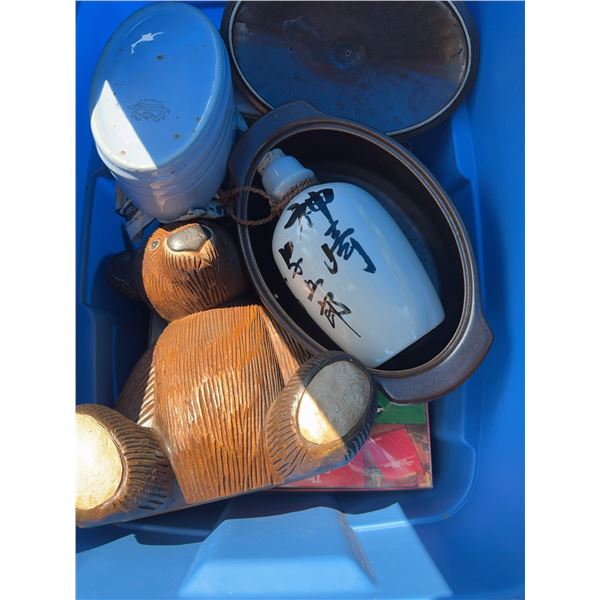Household Items Including Ceramic Jar, Carved Bear, and Sake Bottle