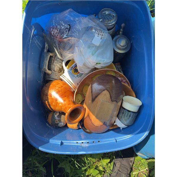 Bin of Ceramics, Glassware, and Woodenware