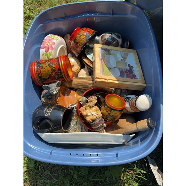 Decorative Ceramics and Painted Wooden Items in Bin