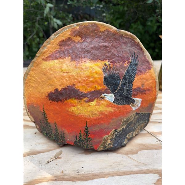 Hand-Painted Bald Eagle Scene on Polypore Fungus, Signed 2000
