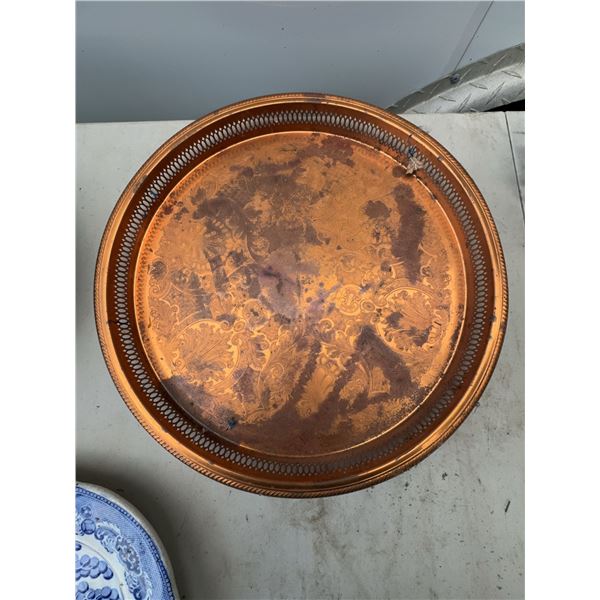 Round Copper Metal Serving Tray with Engraved Floral Design