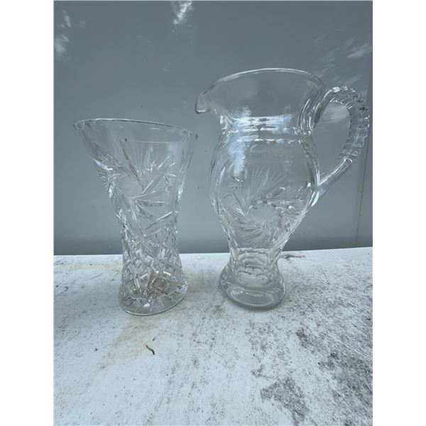 Cut Glass Crystal Pitcher and Vase Set