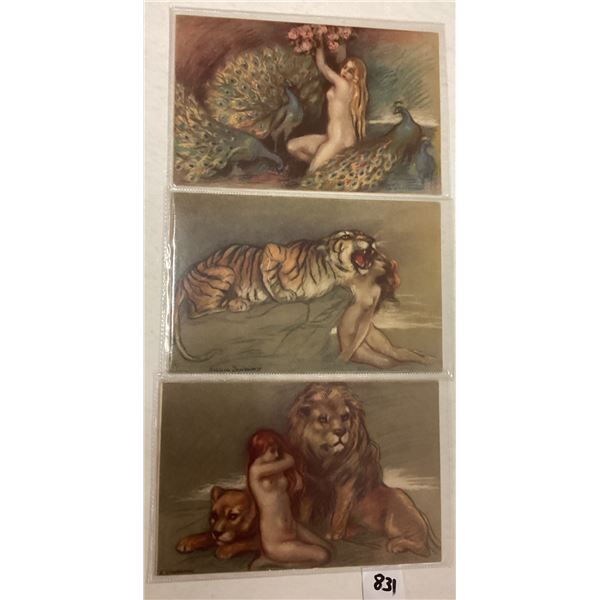 3 Signed Artist Nude Woman & Animals Fantasy Postcards