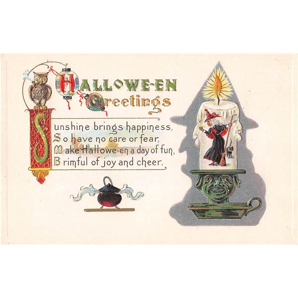 Halloween Witch In Candle with Cat Holiday Greeting Postcard