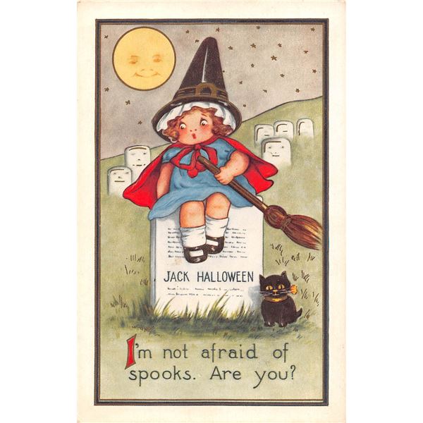 Whitney Girl Witch on Grave Stone Halloween Holiday Greeting PC