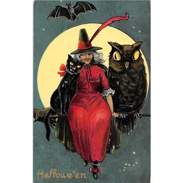 Halloween Witch, Cat & Bat in Moonlight Holiday Greeting PC