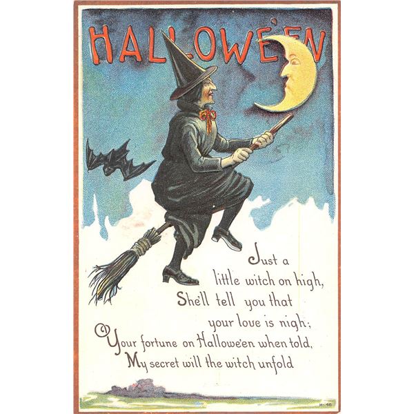 Halloween Witch on Broom under Moonlight Holiday Greeting PC