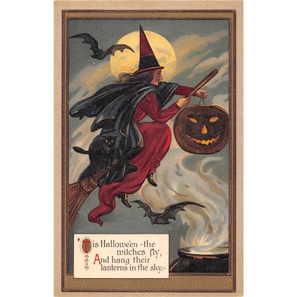 Witch on Broom with Pumpkin under Moonlight Halloween Holiday PC