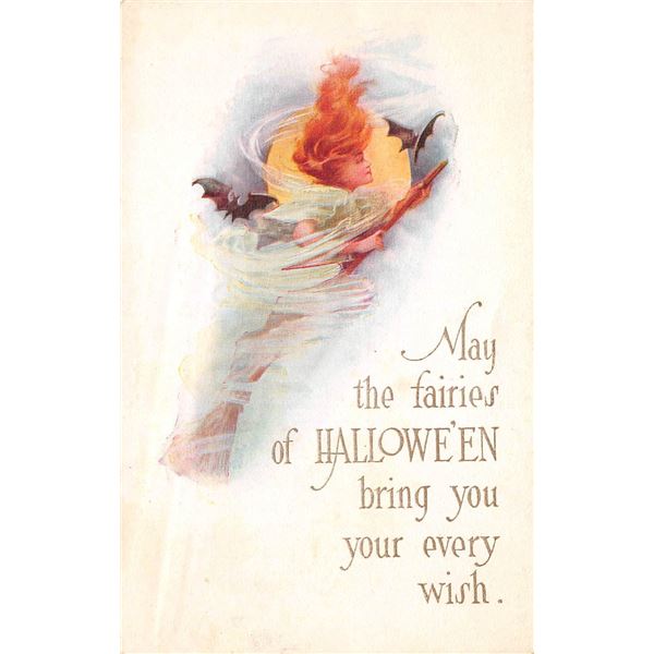 Halloween Witch on Broom & Bats Holiday Greeting PC