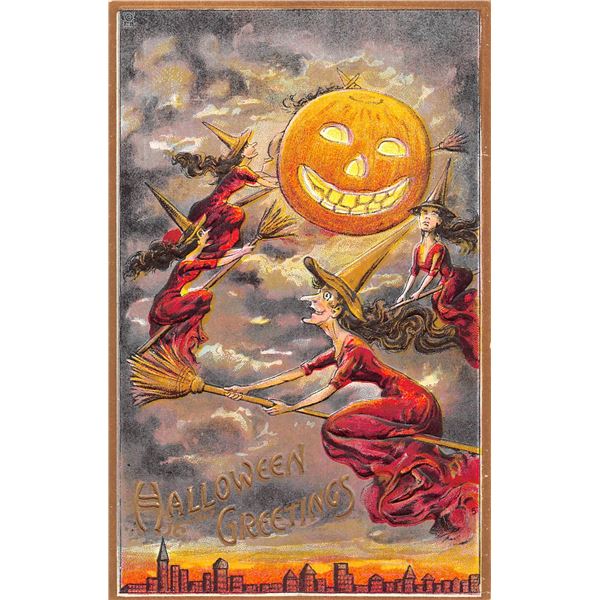 Halloween Witches & Pumpkins in Sky Holiday Greeting PC