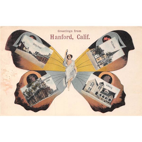 Greetings From Hanford, California Butter Fly Women Postcard