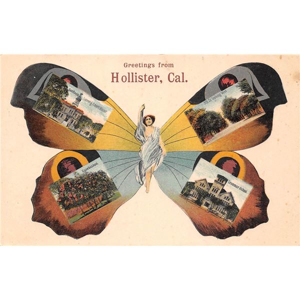 Greetings from Hollister, California Butterfly Woman Postcard