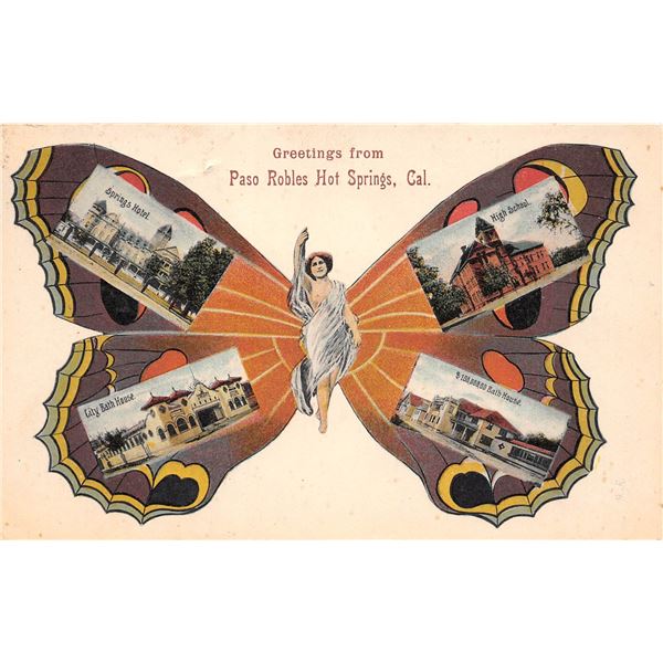 Greetings from Paso Robles Hot Springs, California Butterfly Woman Postcard