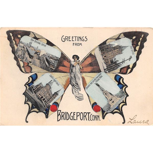 Greetings from Bridgeport, Connecticut Butterfly Woman Postcard