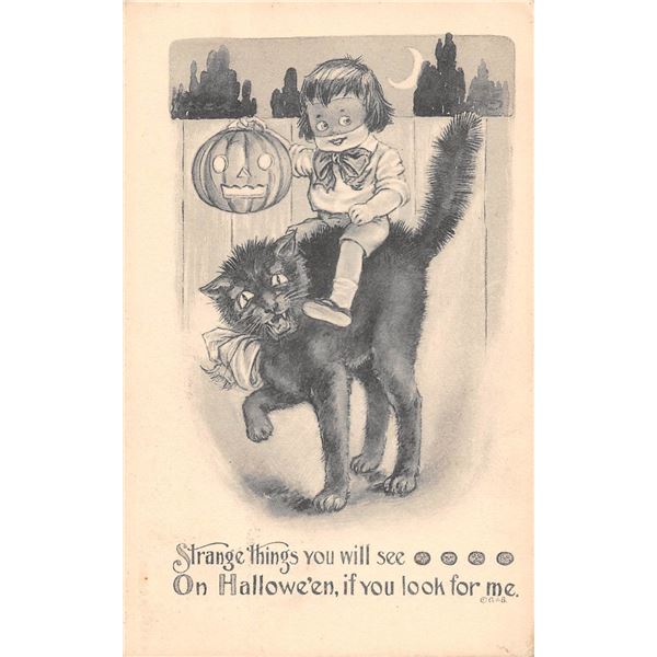 Gartner & Bender Child on Black Cat Halloween Holiday Greeting PC