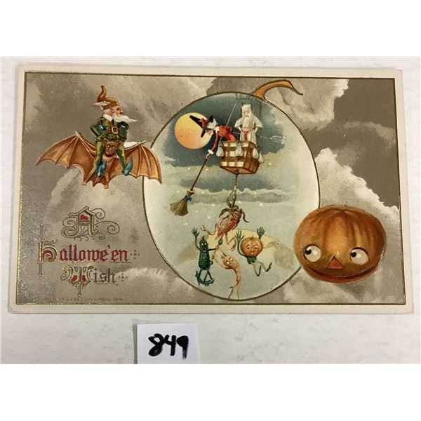 A Halloween Wish Witch & Ghost In Hot Air Balloon Holiday Greeting PC
