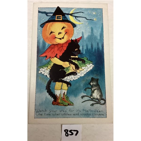 Whitney Halloween Pumpkin Holding Black Cat Holiday Greeting PC