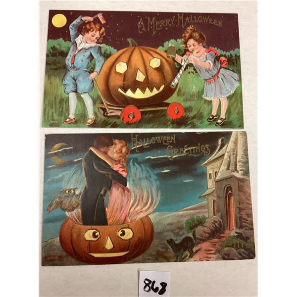 2 Halloween Couple & Children with Jack-O-Lantern Holiday Postcards