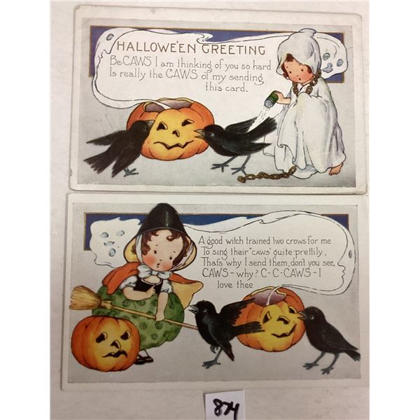 Pair of Whiteny Children & Birds with JOL Halloween Holiday Greeting Postcards