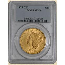 Super RARE 1873-CC $20 Liberty Double Eagle  MS60 PCGS