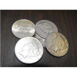 Lot of (5) Peace Silver Dollars-