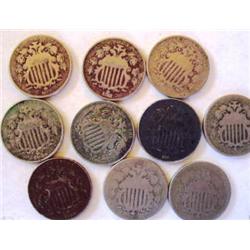 Lot of 10 Shield Nickels-