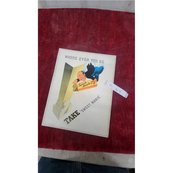 Willard's Sweet Marie Chocolate Bar "Where Ever You Go" Cardboard Advertising Easle Back Circa