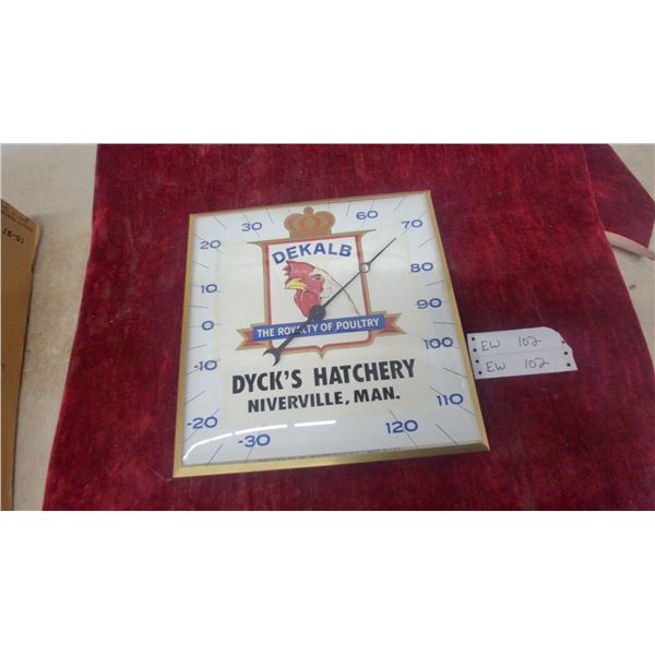 Vintage DeKalb "The Royalty of Poultry" Dyck's Hatchery Niverville Advertising Thermometer 12 x 12"