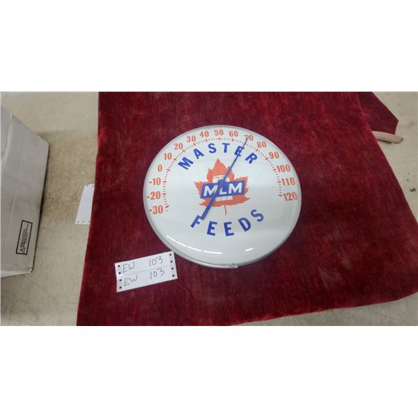 Vintage Master Feeds Round Advertising Thermometer with MLM Maple Leaf Logo, Made in U.S.A.