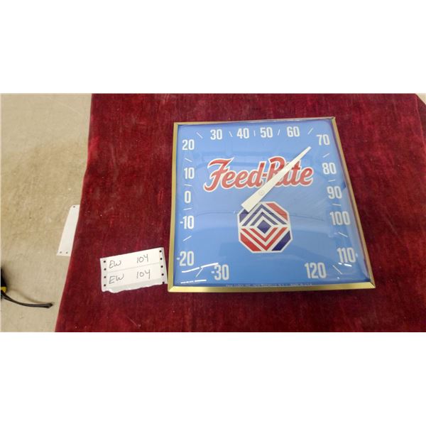 Vintage Feed-Rite Advertising Thermometer by Pam Clock Inc., -30 to 120°, 12 x 12" Glass Lens