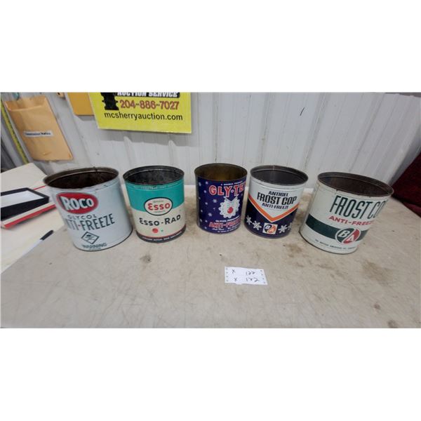 Vintage Anti-Freeze Cans Incl. Roco, Esso-Rad, Gly-Tex, and B/A Frost Cop, Set of 5 One Gallon No