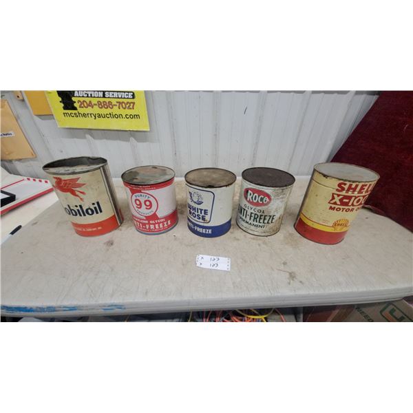 Mobiloil, Purity 99, White Rose, Roco Anti-Freeze and Shell X-100 Motor Oil Vintage Cans 1gallon 5x