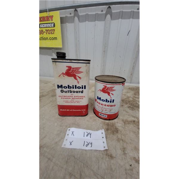 Vintage Mobiloil Outboard Motor Oil Tin and Mobil Freezone Methanol Anti-Freeze Can with Pegasus Lo