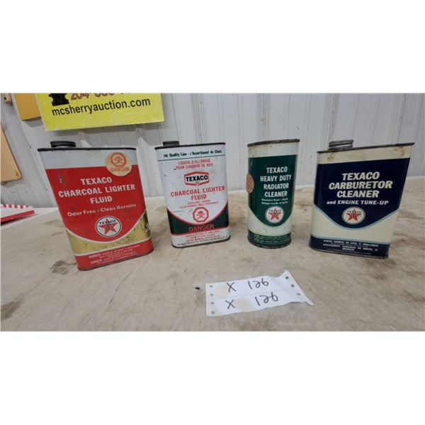 4x Vintage Texaco Cans: Charcoal Lighter Fluid, Radiator Cleaner and Carburetor Cleaner, and More