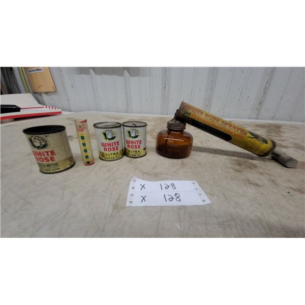 White Rose Vintage Hand-Pump Insecticide Sprayer with Amber Glass Jar, Motor Oil Cans Banks