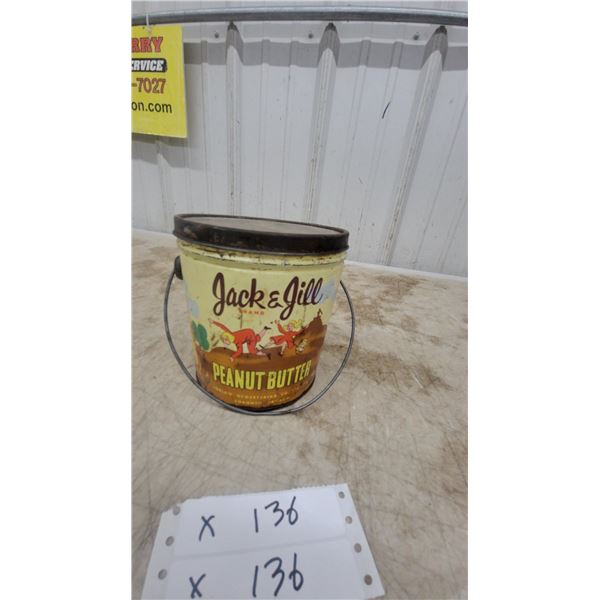 Vintage Jack & Jill Brand Peanut Butter Tin Pail with Wire Handle and Lid, Loblaw Groceterias
