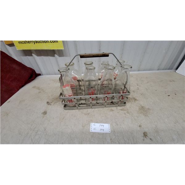 Vintage Silverwood's Safe Milk 8-Bottle Metal Carrier with Wooden Handle and Glass Bottles