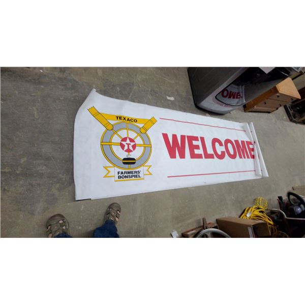 Texaco Farmers' Bonspiel Welcome Banner with Curling Logo 3'×9'