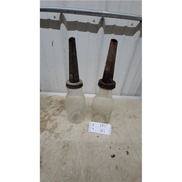 Vintage Glass Motor Oil Bottles with Metal Pour Spouts, Set of 2 Imperial Quart
