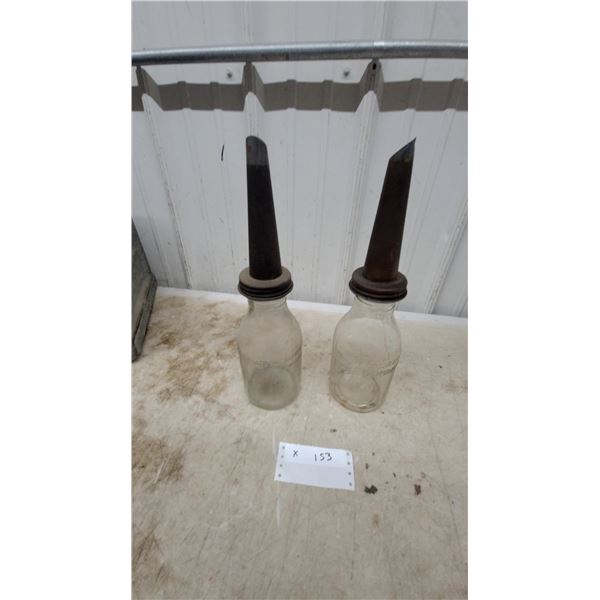 Vintage Clear Glass Imperial Quart Oil Dispenser Bottles with Metal Spouts, Set of 2