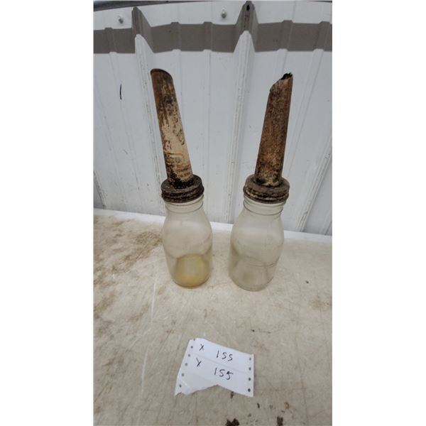 Pair of 2 Vintage Glass Motor Oil Bottles with Metal Pour Spouts
